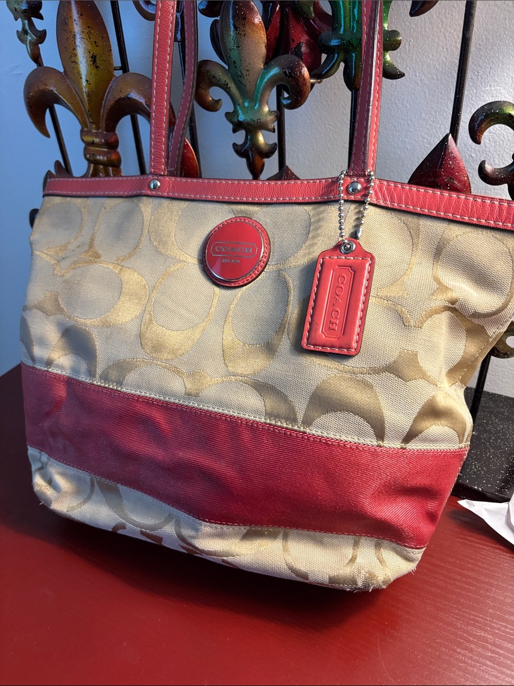 Coach Khaki Canvas Tote with Red Leather Trim